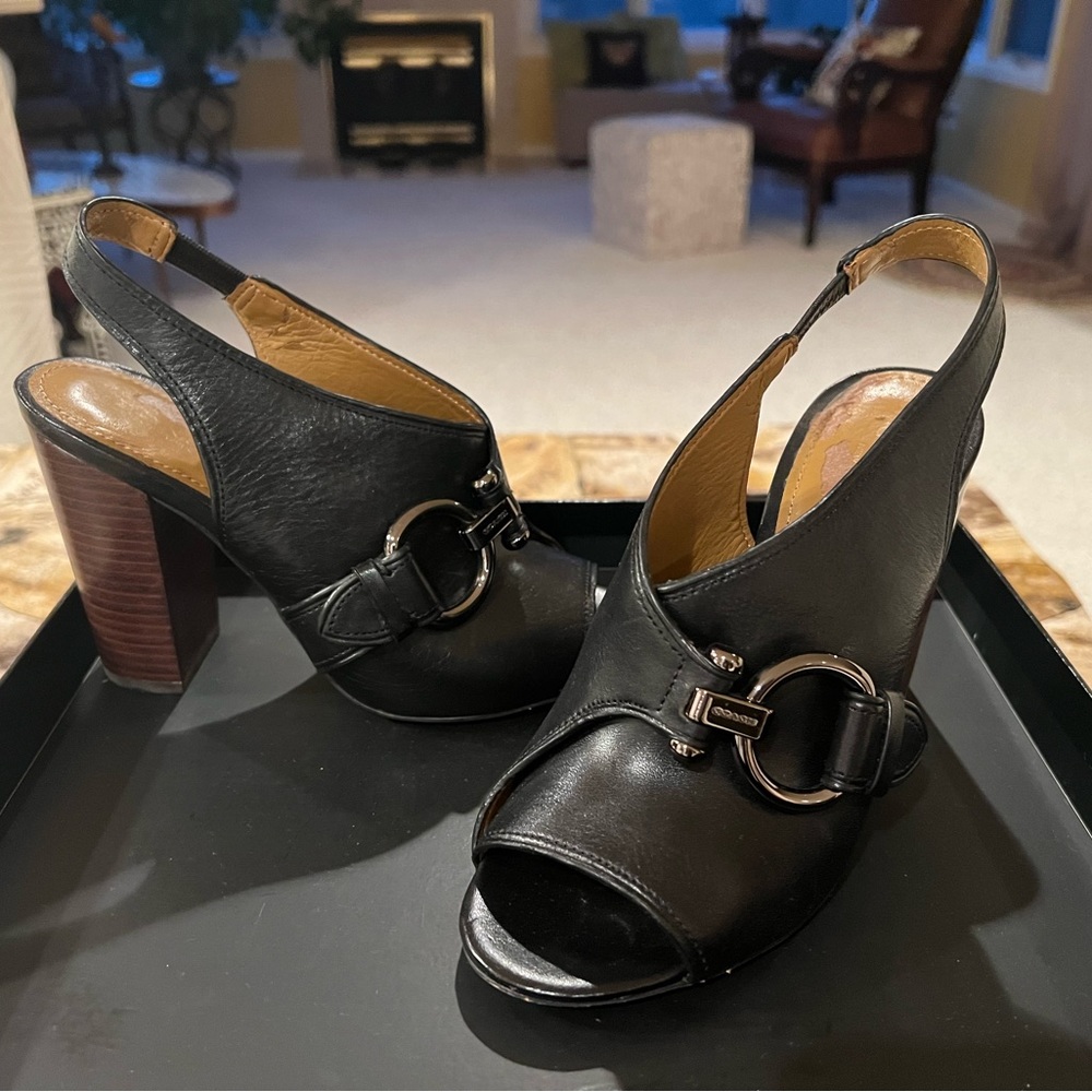 Coach black peep toe side buckle sling back